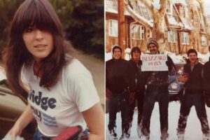 Split image: Left, a young woman with long dark hair in a white "Jidge" t-shirt stands outdoors. Right, four men in winter jackets stand in snow, one holding a “Blizzard of '83” sign; houses and snow-covered cars are behind them.