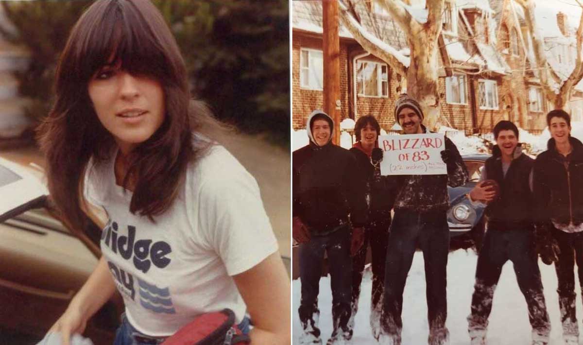 Split image: Left, a young woman with long dark hair in a white "Jidge" t-shirt stands outdoors. Right, four men in winter jackets stand in snow, one holding a “Blizzard of '83” sign; houses and snow-covered cars are behind them.