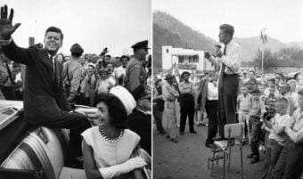 Two black-and-white photos: On the left, a smiling man in a suit waves from a convertible as a woman in a hat sits beside him, and a crowd looks on. On the right, the man stands speaking on a chair to a group of children.