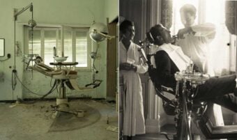 Split image: Left shows an old, abandoned dental office with dusty equipment; right shows a vintage black-and-white scene of a man getting a haircut or shave in a classic barber chair, attended by two people.