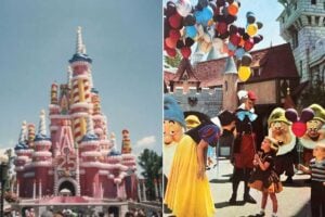 Split image: Left side shows a pink castle decorated with candy and "25" for Disneyland's 25th anniversary. Right side shows children meeting costumed characters, including Snow White and dwarfs, with balloons in the background.