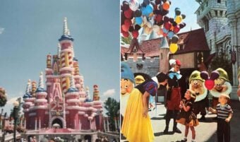 Split image: Left side shows a pink castle decorated with candy and "25" for Disneyland's 25th anniversary. Right side shows children meeting costumed characters, including Snow White and dwarfs, with balloons in the background.