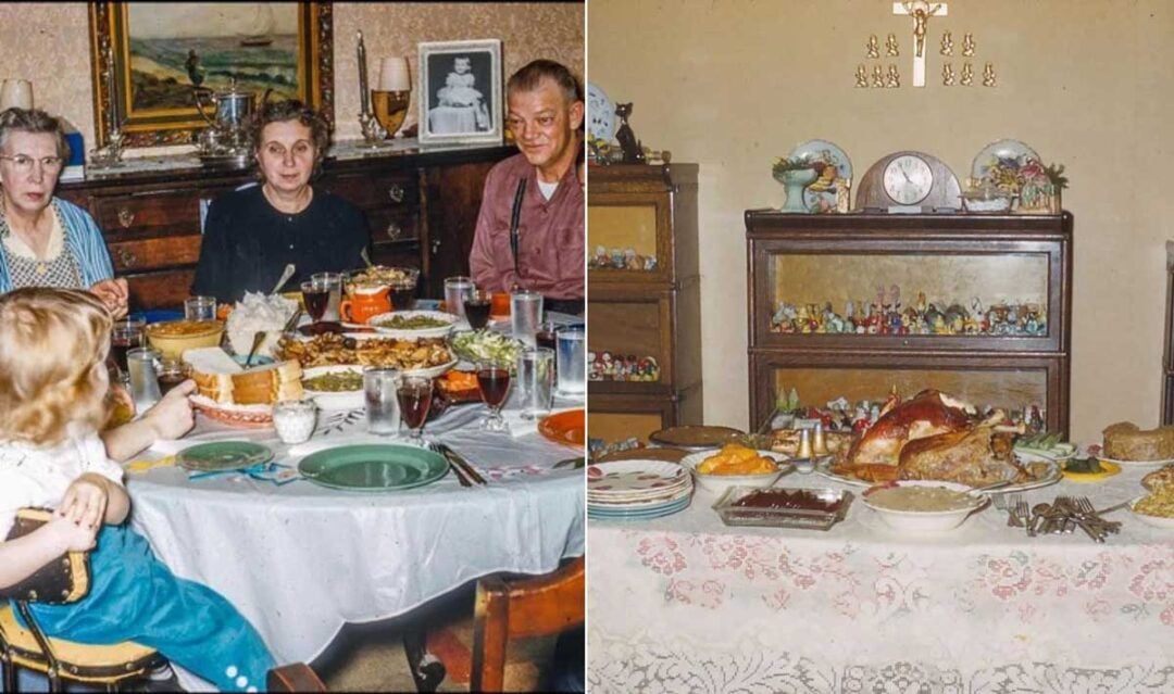 Left: Four people, including a child, sit around a table set with various dishes. Right: A sideboard with figurines above a table covered in food, including a roast turkey, pies, and dishes, ready for a meal.