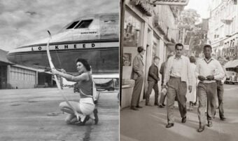 A woman kneels and aims a bow and arrow near a Lockheed airplane on the left; on the right, two men walk down a busy city street with shops and pedestrians in the background.