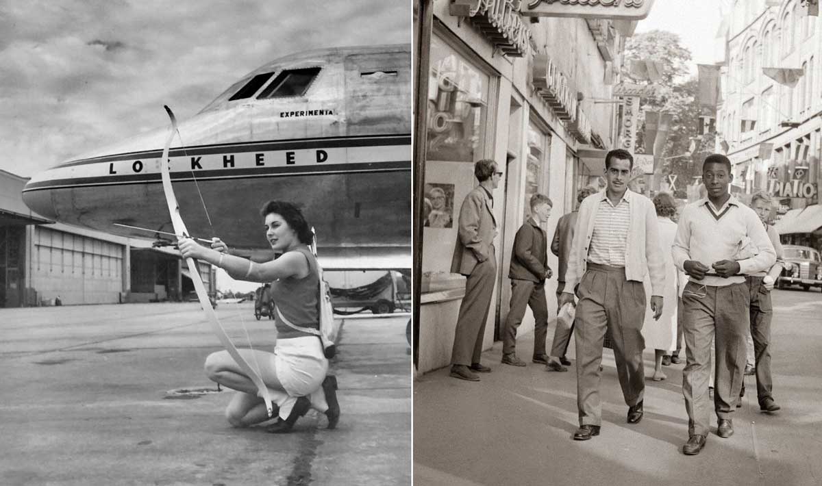A woman kneels and aims a bow and arrow near a Lockheed airplane on the left; on the right, two men walk down a busy city street with shops and pedestrians in the background.