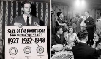 A man presents a chart showing donut hole sizes from 1927, 1937, and 1948. Beside him, a group of young people at a party chat and eat around a table filled with snacks and drinks.