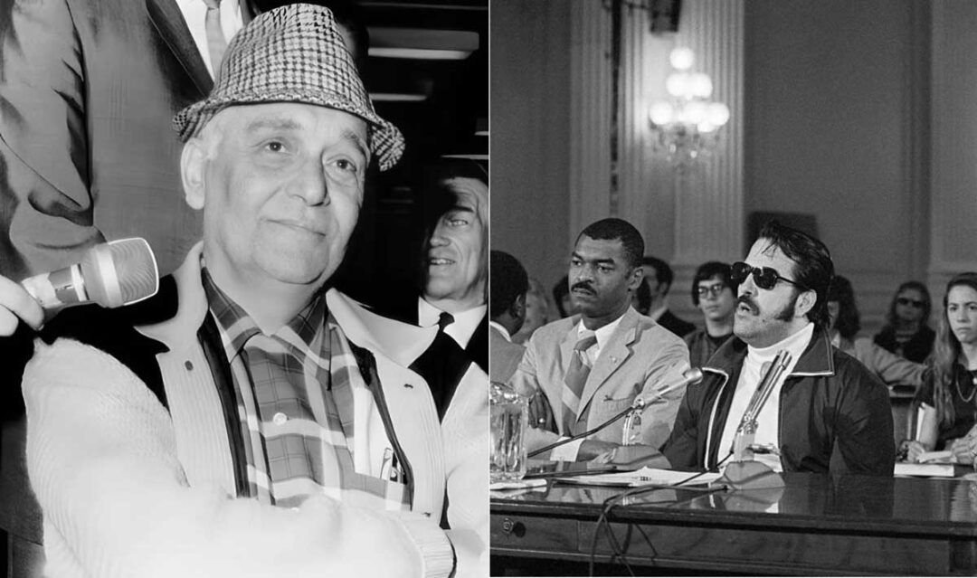 Left: An older man in a hat and plaid shirt sits with his arms crossed, smiling as a microphone is held near him. Right: Several men in suits sit at a table, one wearing sunglasses, during a formal hearing or meeting.