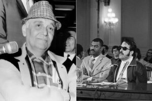 Left: An older man in a hat and plaid shirt sits with his arms crossed, smiling as a microphone is held near him. Right: Several men in suits sit at a table, one wearing sunglasses, during a formal hearing or meeting.
