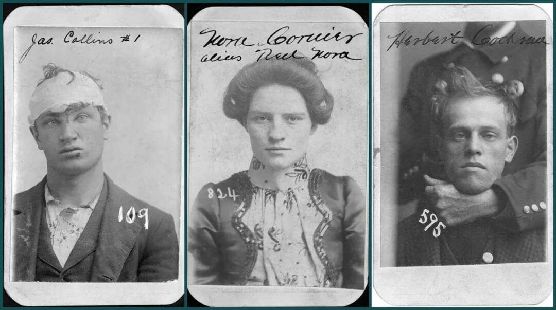 Three vintage mugshot-style photos: a man with a bandaged head, a woman with a serious expression, and a man being held by the neck by someone off-frame. Handwritten names and numbers appear above each person.