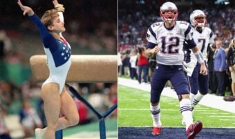 Split image: On the left, a female gymnast in a blue, white, and red leotard poses near a balance beam. On the right, a male American football player in a Patriots uniform runs on the field.