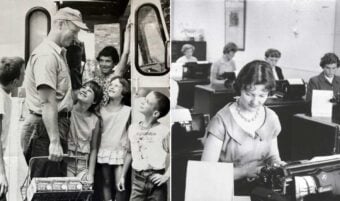 Left: A milkman delivers milk to smiling children near a truck. Right: Women work at desks typing on typewriters in an office setting, with one woman in the foreground.