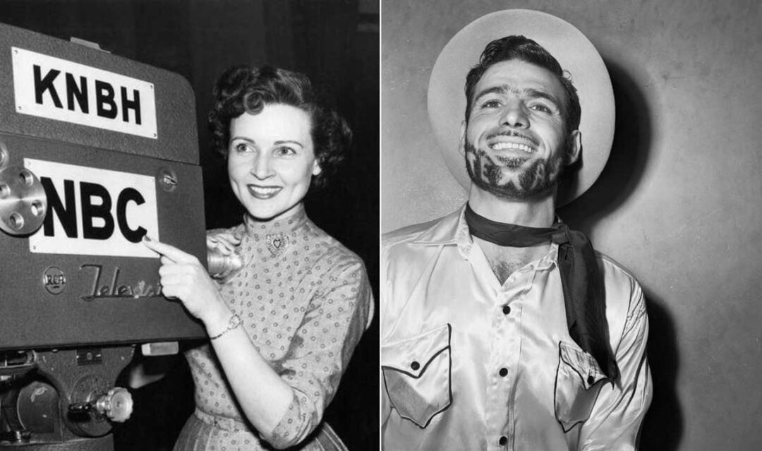 A woman in a vintage dress points and smiles at an old NBC television camera. Next to her, a man wearing a cowboy hat, neckerchief, and shiny shirt grins, sporting a painted-on beard. Both images are in black and white.