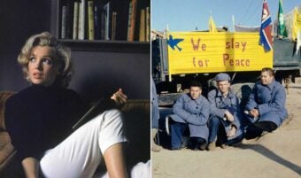 Left: Woman with blond hair in a black top and white pants sits indoors holding a notebook. Right: Three men in coats and hats sit on the ground in front of a yellow sign that reads "We slay for Peace" near vehicles and flags.