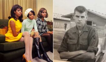 Split image: On the left, three women in 1960s fashion sit on a couch. On the right, a young man in a military uniform stands with arms crossed in front of a barracks building.