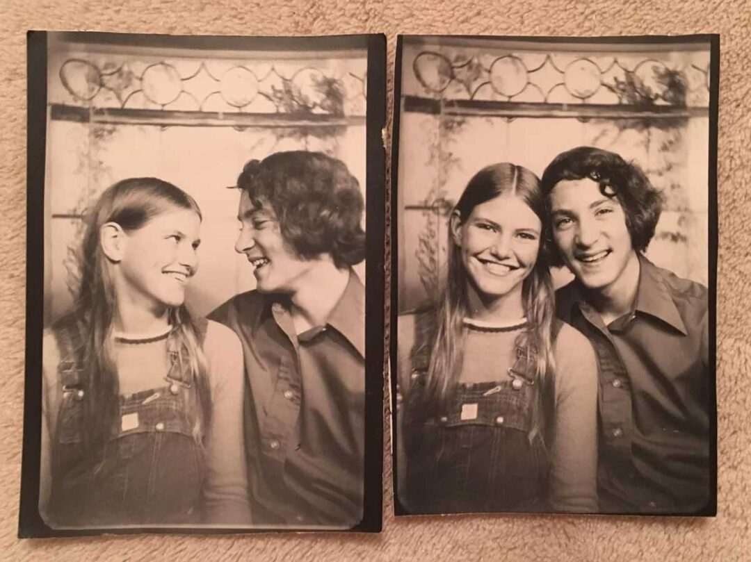 Two black-and-white photo booth pictures show a young woman and a young man smiling together. In both photos, they wear casual clothes and sit close, with the woman in overalls and both looking happy.