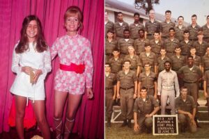 Split image: Left side shows two women in 1970s-style short dresses and boots posing by a pink curtain. Right side shows a large group of men in military uniforms posing for a platoon photo outdoors.