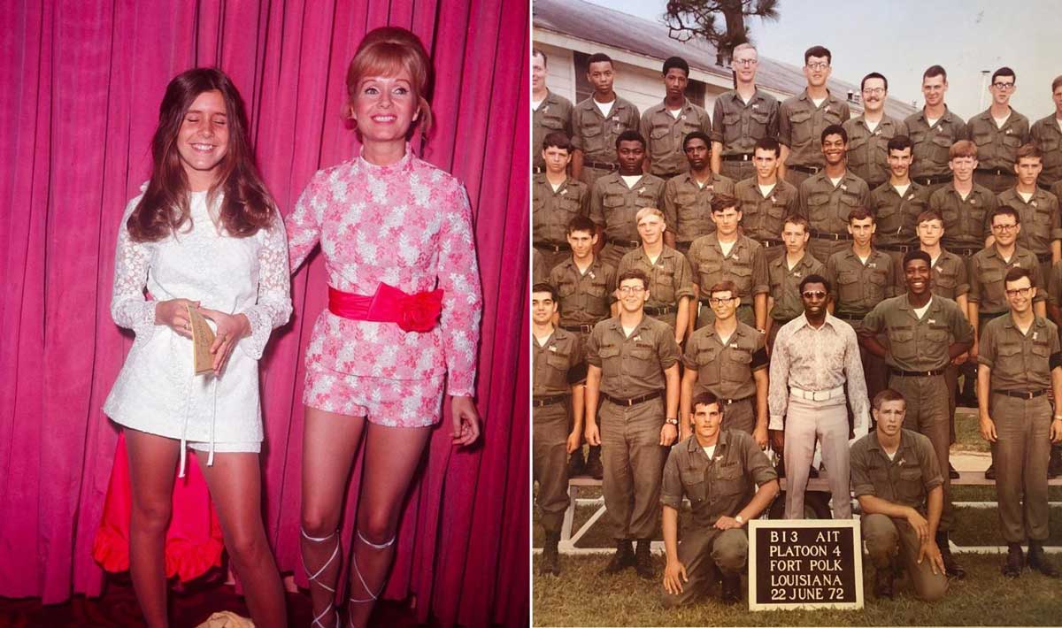 Split image: Left side shows two women in 1970s-style short dresses and boots posing by a pink curtain. Right side shows a large group of men in military uniforms posing for a platoon photo outdoors.