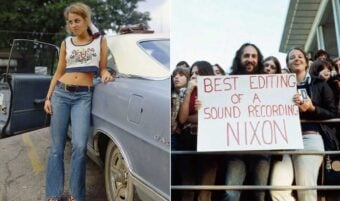 Left: A young woman in a crop top and jeans leans against an old car with the door open. Right: A group of people smile and hold a sign reading "Best Editing of a Sound Recording Nixon.