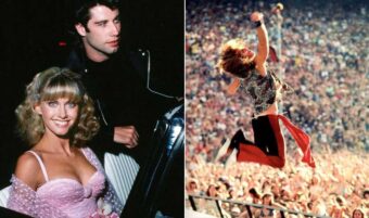 Split image: On the left, a woman in a pink dress smiles beside a man in a black jacket. On the right, a performer jumps mid-air on stage before a large cheering crowd.