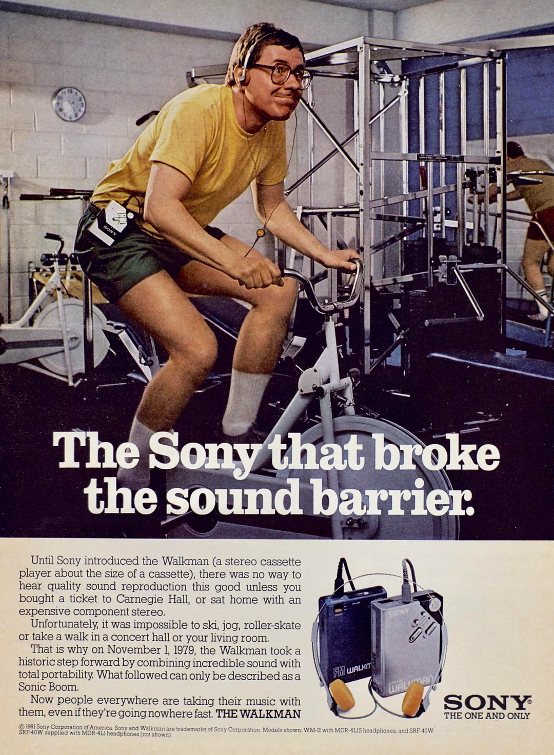 A man in gym clothes and headphones rides a stationary bike, listening to a Sony Walkman. Workout equipment is in the background. The ad headline reads, “The Sony that broke the sound barrier.”