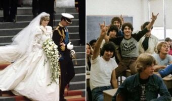 A split image: on the left, a bride and groom in formal attire descend steps at a grand wedding; on the right, a group of teens in casual clothes smile and gesture enthusiastically in a classroom.