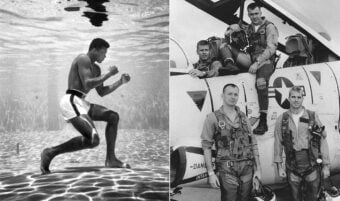 Split image: On the left, a man in boxing shorts poses underwater. On the right, four men in flight suits stand and sit near a military aircraft, posing for the camera. Both photos are in black and white.