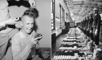 A recruit gets his head shaved and smiles, holding a chunk of his hair. Next to him, new recruits stand at attention in a line beside neatly arranged personal items in a barracks. Both images are in black and white.