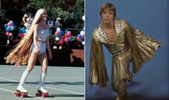 A woman with very long blonde hair roller skates outdoors among balloons, while a man in a shiny gold jumpsuit poses against a blue background.