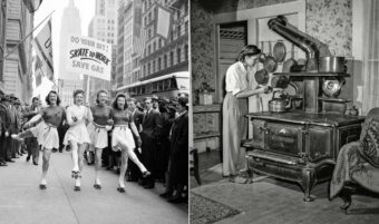 Left: Four women in skirts roller-skate and hold a sign urging people to "Skate to Work, Save Gas," in a city street surrounded by a crowd. Right: A woman cooks using a vintage wood-burning stove in a home kitchen.