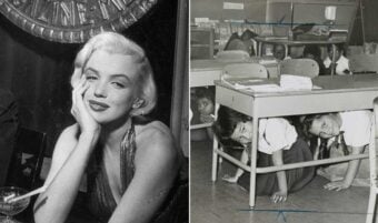 Split image: On the left, Marilyn Monroe poses smiling with her hand on her cheek. On the right, children crouch under desks in a classroom during a safety drill, with other children seated at desks in the background.
