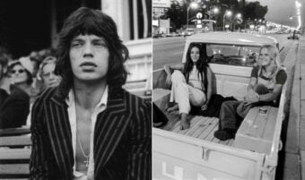Split image: On the left, a young man with shaggy hair wears a pinstripe jacket in a crowd. On the right, two women sit barefoot and relaxed in the back of a pickup truck on a city street at dusk.