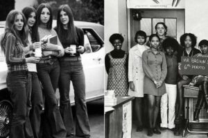 A black-and-white photo collage: on the left, four young women in 1970s fashion stand by a car holding drinks; on the right, a classroom group poses, with students and a teacher, one holding a sign reading “Mr. Brown’s 6th Period.”
