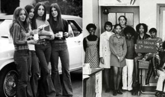 A black-and-white photo collage: on the left, four young women in 1970s fashion stand by a car holding drinks; on the right, a classroom group poses, with students and a teacher, one holding a sign reading &ldquo;Mr. Brown&rsquo;s 6th Period.&rdquo;