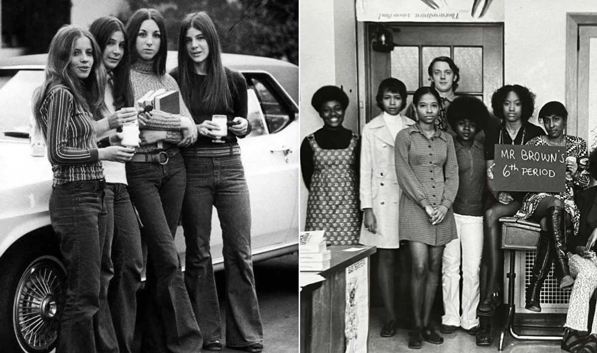 A black-and-white photo collage: on the left, four young women in 1970s fashion stand by a car holding drinks; on the right, a classroom group poses, with students and a teacher, one holding a sign reading “Mr. Brown’s 6th Period.”