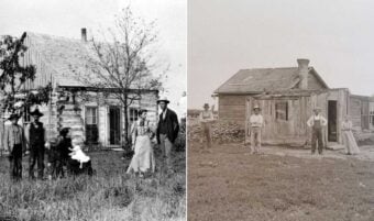Split historical photograph: Left side shows a family of six, including a child, standing in front of a log cabin with a tree. Right side shows five people standing outside a weathered wooden house on flat land.