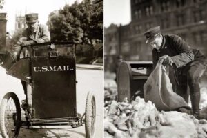 Two vintage black-and-white photos show U.S. mailmen in uniform: one drives an old three-wheeled mail vehicle; the other collects mail from a street mailbox surrounded by snow.