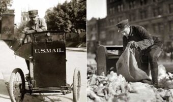 Two vintage black-and-white photos show U.S. mailmen in uniform: one drives an old three-wheeled mail vehicle; the other collects mail from a street mailbox surrounded by snow.
