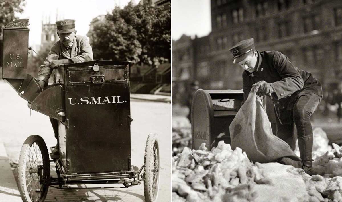 Two vintage black-and-white photos show U.S. mailmen in uniform: one drives an old three-wheeled mail vehicle; the other collects mail from a street mailbox surrounded by snow.