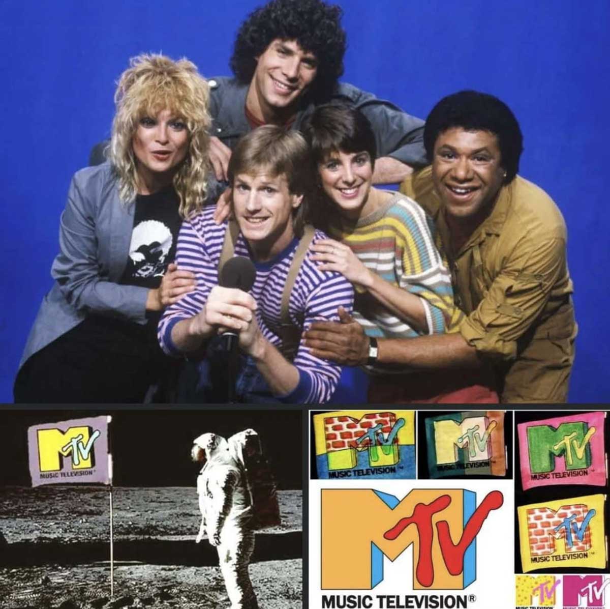 A group of five smiling people pose together in bright 1980s clothing above various colorful MTV logos and an image of an astronaut planting an MTV flag on the moon.