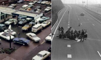 Left: Cars lined up at a gas station during a fuel shortage. Right: A group of people sitting on an empty highway, possibly protesting or blocking the road, with no vehicles in sight. Both images appear to be from past decades.