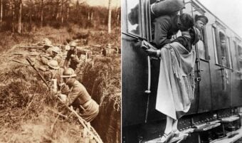 Split image: On the left, WWI soldiers in trenches with rifles. On the right, a couple shares a passionate kiss as a man leans from a train window, while the woman stands on the platform.