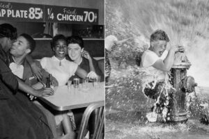 A black-and-white photo collage: Left, a group of friends laugh and socialize at a diner. Right, a boy gleefully hugs an open fire hydrant spraying water on a city street.