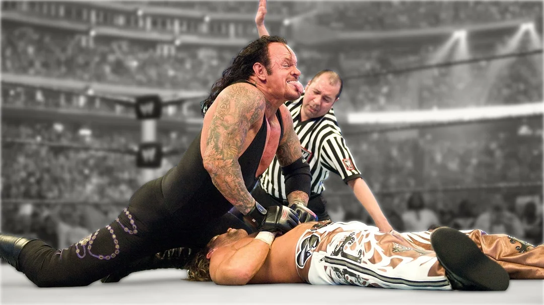The Undertaker pinning down Shawn Michaels during Wrestlemania 25