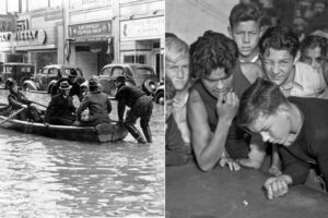 Split image: On the left, people in a rowboat navigate a flooded city street with cars and shops in the background. On the right, a group of boys intently watch a game, leaning over a surface and looking focused.