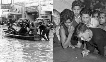 Split image: On the left, people in a rowboat navigate a flooded city street with cars and shops in the background. On the right, a group of boys intently watch a game, leaning over a surface and looking focused.