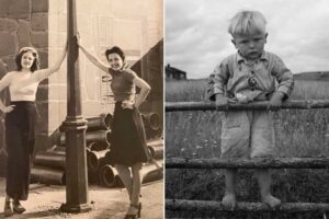 On the left, two women pose smiling by a lamppost and a stone wall; on the right, a young boy stands barefoot on a wooden fence in a grassy field, looking serious. Both images are in black and white.