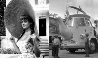 Left: A woman in a floral dress holds a large sun hat. Right: Two boys look at a whimsical truck with a giant teapot on its cab in a street scene. Both images are in black and white.