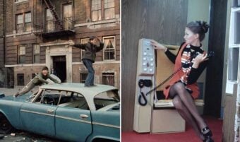 Split image: Left shows two boys climbing on a dented blue car parked outside an old brick building. Right shows a woman in a retro outfit using a wall-mounted rotary phone in a wood-paneled booth.