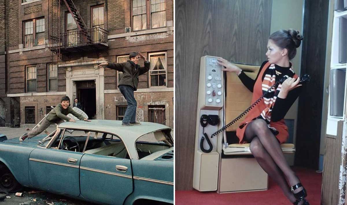 Split image: Left shows two boys climbing on a dented blue car parked outside an old brick building. Right shows a woman in a retro outfit using a wall-mounted rotary phone in a wood-paneled booth.