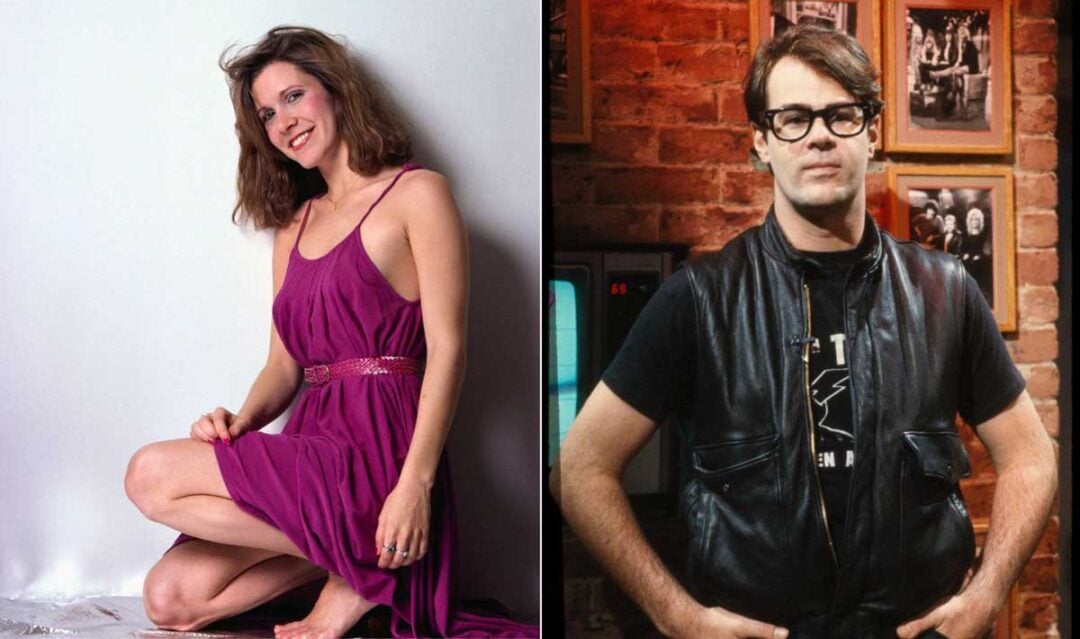 Split image: On the left, a woman in a sleeveless purple dress smiles while kneeling against a white background. On the right, a man in glasses and a black leather vest stands in front of a brick wall with framed photos.